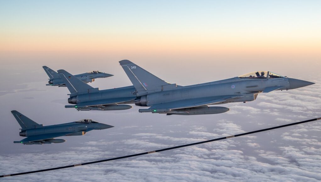 Royal Air Force Typhoons fly with German Air Force