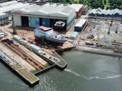 Drone shots show Type 26 Frigate Cardiff emerge in Glasgow