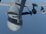 American C-5 transport conducts reverse flow air refuelling