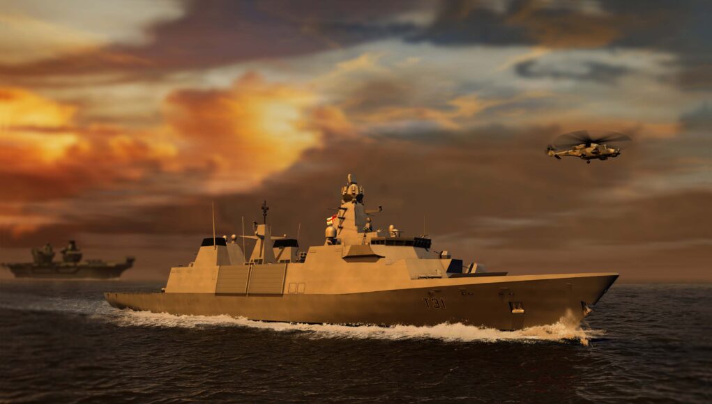 A graphic of HMS Venturer at sea with HMS Queen Elizabeth and a Wildcat helicopter