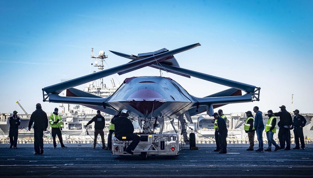MQ-25_moving_into_the_hangar_bay_aboard_the_USS_George_H.W._Bush