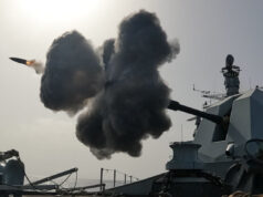 British warship HMS Lancaster opens fire with main gun