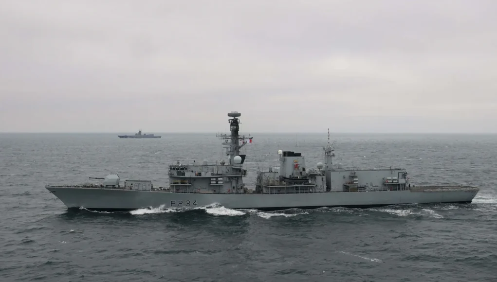HMS Iron Duke nearest camera monitoring RFS Golovko in the English Channel 2