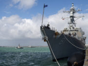 Royal Navy guides USS Winston S. Churchill into Portsmouth