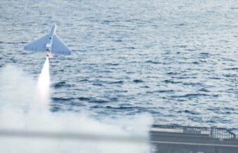 U.S. Navy launches one-way attack drone from ship at sea