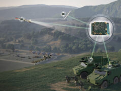 Military armored vehicle on a hillside with drones linked to a circuit board via glowing data lines.