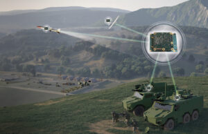 Military armored vehicle on a hillside with drones linked to a circuit board via glowing data lines.