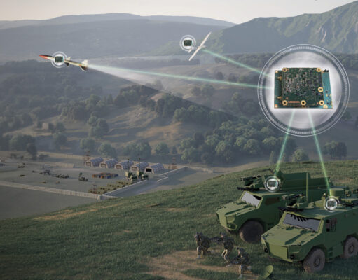 Military armored vehicle on a hillside with drones linked to a circuit board via glowing data lines.