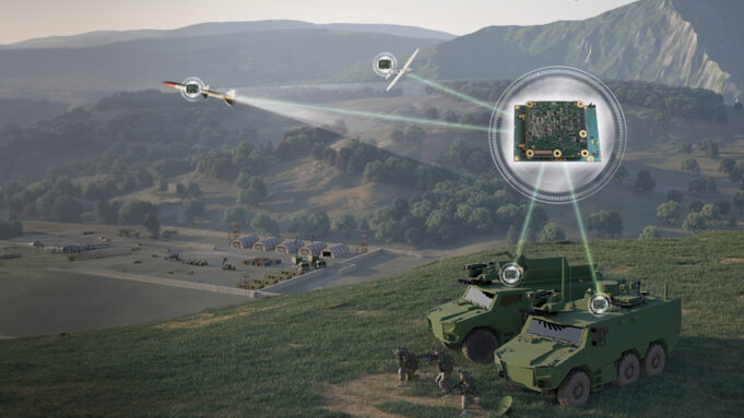 Military armored vehicle on a hillside with drones linked to a circuit board via glowing data lines.