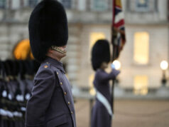 Beefeater guard in a tall fur hat stands in profile during a ceremonial parade, with another guard and a flag in the blurred background