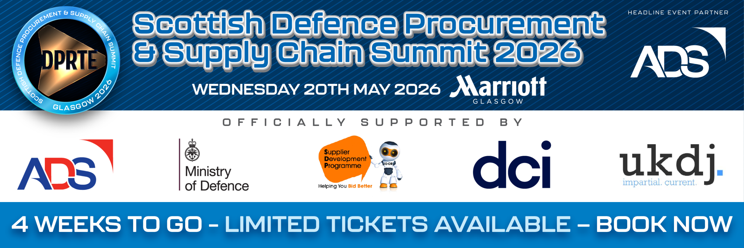 Banner for the Scottish Defence Procurement & Supply Chain Summit 2026 at the Marriott Glasgow on May 20, 2026, with sponsor logos surrounding the title image.