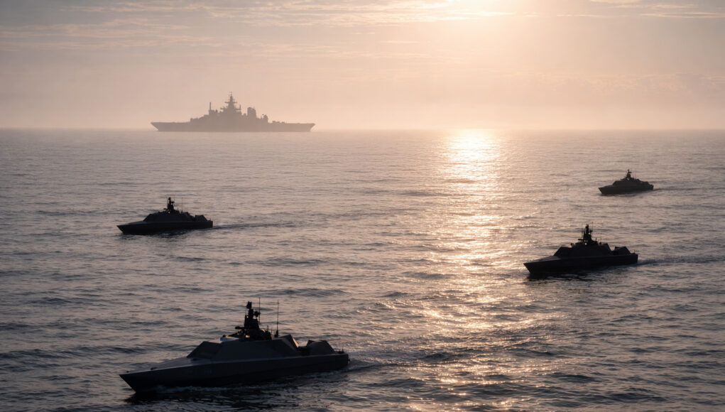 Silhouetted naval ships sailing in calm ocean at sunset, with a large vessel visible on the horizon.