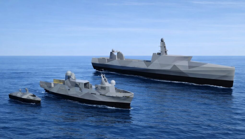 Low-poly 3D render of a large naval destroyer and two smaller escort ships cruising on calm blue sea under a clear sky.