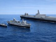 Low-poly 3D render of a large naval destroyer and two smaller escort ships cruising on calm blue sea under a clear sky.