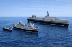 Low-poly 3D render of a large naval destroyer and two smaller escort ships cruising on calm blue sea under a clear sky.