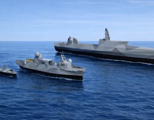 BMT sets out how hybrid navy will transform command at sea Low-poly 3D render of a large naval destroyer and two smaller escort ships cruising on calm blue sea under a clear sky.