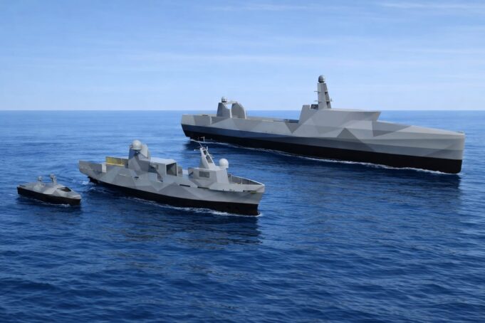 Low-poly 3D render of a large naval destroyer and two smaller escort ships cruising on calm blue sea under a clear sky.