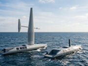 Two autonomous saildrone vessels ride the open ocean, one with a tall mast and a horizontal sail and the other nearby, horizon in the distance.