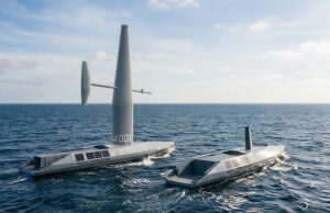Two autonomous saildrone vessels ride the open ocean, one with a tall mast and a horizontal sail and the other nearby, horizon in the distance.