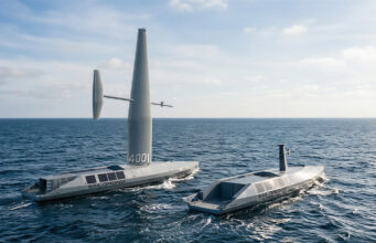 Two autonomous saildrone vessels ride the open ocean, one with a tall mast and a horizontal sail and the other nearby, horizon in the distance.