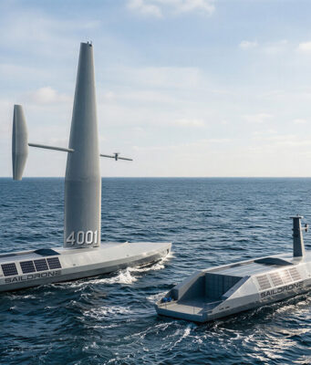 Two autonomous saildrone vessels ride the open ocean, one with a tall mast and a horizontal sail and the other nearby, horizon in the distance.