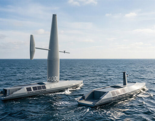 Two autonomous saildrone vessels ride the open ocean, one with a tall mast and a horizontal sail and the other nearby, horizon in the distance.