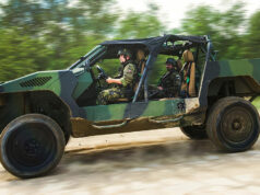 Two soldiers in camouflage drive a green open-top military vehicle along a dirt road, kicking up dust.