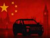 Black SUV silhouette in front of Westminster and Big Ben, overlaid with the Chinese flag in a red hue.