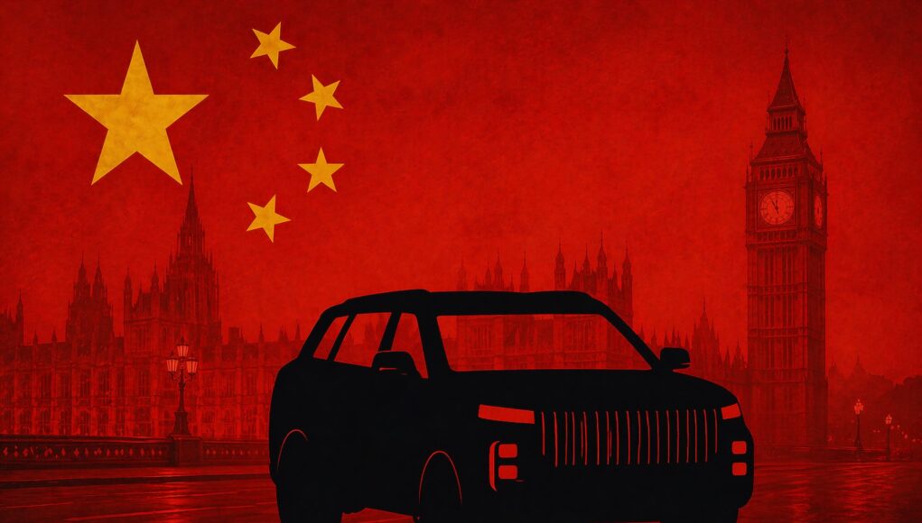 Black SUV silhouette in front of Westminster and Big Ben, overlaid with the Chinese flag in a red hue.