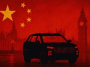 Black SUV silhouette in front of Westminster and Big Ben, overlaid with the Chinese flag in a red hue.