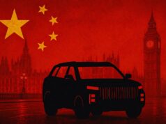 Black SUV silhouette in front of Westminster and Big Ben, overlaid with the Chinese flag in a red hue.