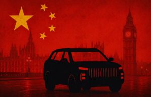 Black SUV silhouette in front of Westminster and Big Ben, overlaid with the Chinese flag in a red hue.