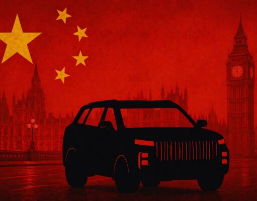 Black SUV silhouette in front of Westminster and Big Ben, overlaid with the Chinese flag in a red hue.
