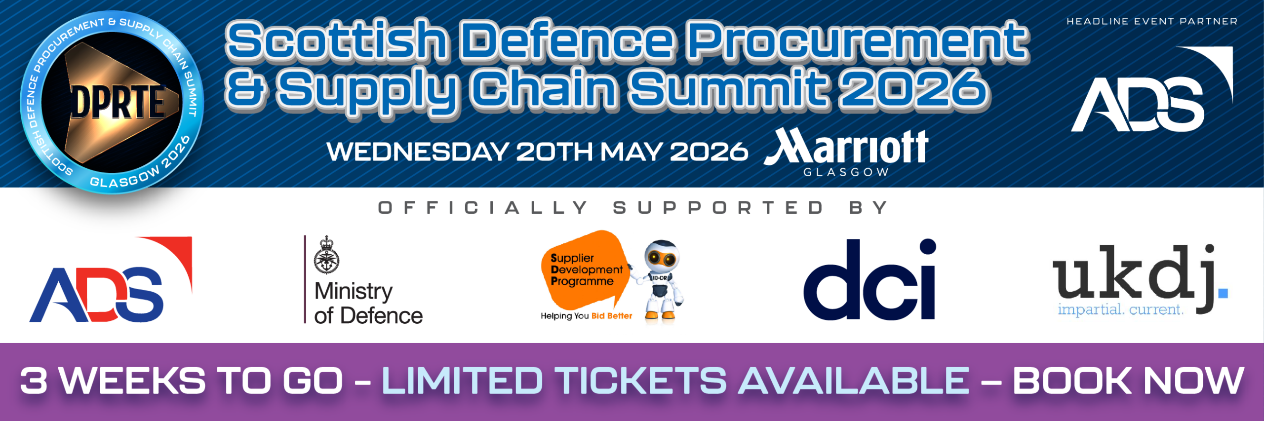 Banner for the Scottish Defence Procurement & Supply Chain Summit 2026 with sponsor logos (ADS, Ministry of Defence, Supplier Development Programme, dci, ukdi) and date May 20, 2026.
