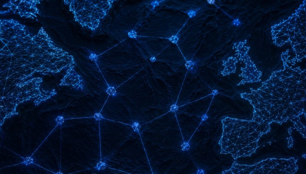 Blue glowing node-and-line network visualization across a dark textured background, resembling a global connectivity map in the ocean depths of color and light.