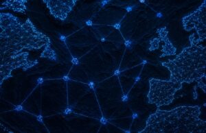 Blue glowing node-and-line network visualization across a dark textured background, resembling a global connectivity map in the ocean depths of color and light.