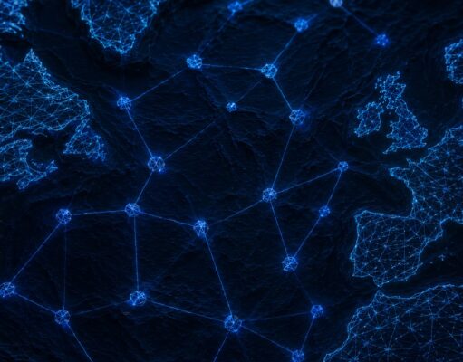 Blue glowing node-and-line network visualization across a dark textured background, resembling a global connectivity map in the ocean depths of color and light.