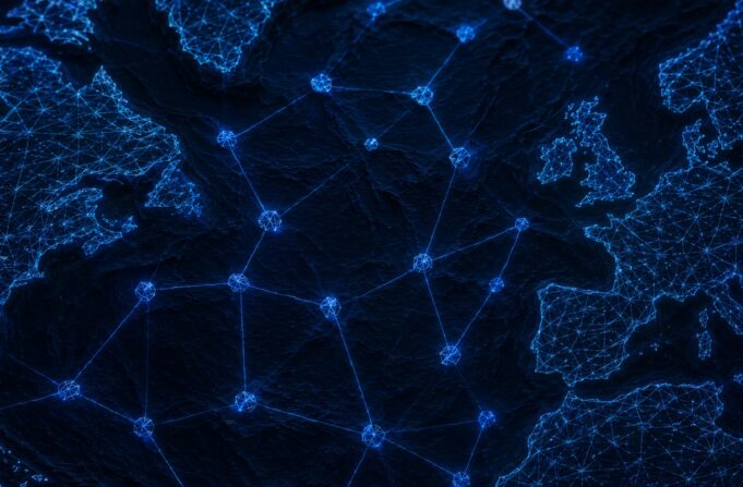 Blue glowing node-and-line network visualization across a dark textured background, resembling a global connectivity map in the ocean depths of color and light.