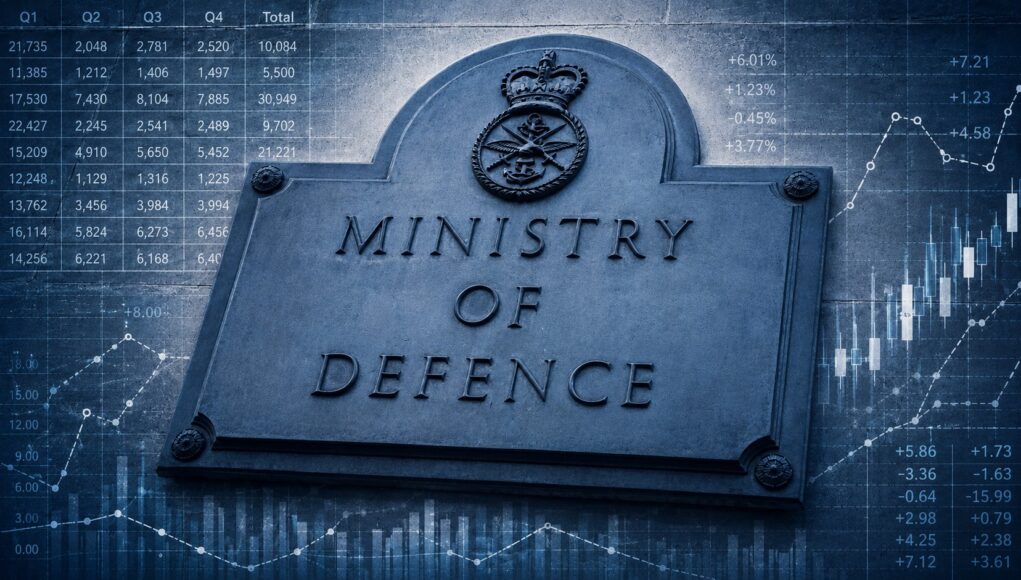 Stone plaque reading MINISTRY OF DEFENCE with a crown crest, set against blue-toned financial charts and graphs in the background by overlay.
