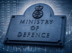 PAC warns MoD fraud risk is vast as recoveries fall short Stone plaque reading MINISTRY OF DEFENCE with a crown crest, set against blue-toned financial charts and graphs in the background by overlay.