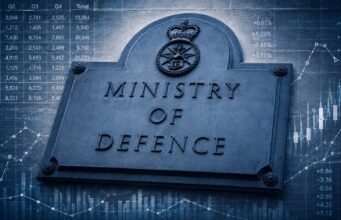 Stone plaque reading MINISTRY OF DEFENCE with a crown crest, set against blue-toned financial charts and graphs in the background by overlay.