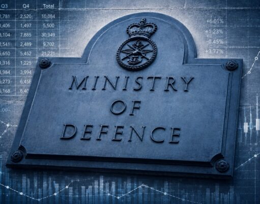 Spending watchdog warns of drift at the Ministry of Defence Stone plaque reading MINISTRY OF DEFENCE with a crown crest, set against blue-toned financial charts and graphs in the background by overlay.