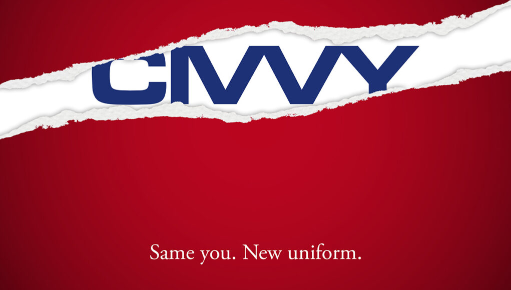 6B0283E9-00F1-49F2-943D-70A3F7CF48D4-IMG_0970 Promotional banner with a torn white strip revealing blue CMV letters on a red background and the slogan 'Same you. New uniform.'