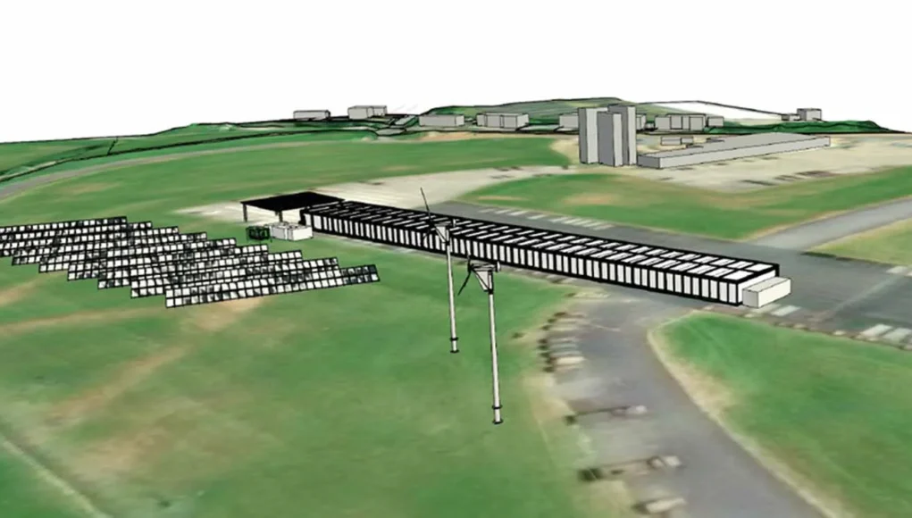 3D aerial view of a solar farm with rows of panels and a wind turbine beside a runway-like airstrip on green fields.