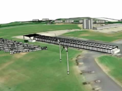 3D aerial view of a solar farm with rows of panels and a wind turbine beside a runway-like airstrip on green fields.