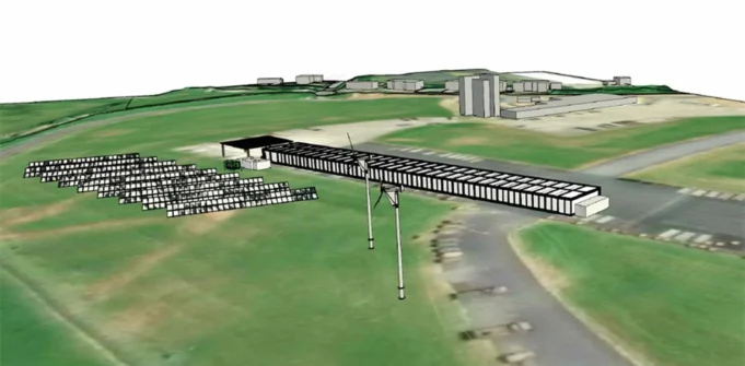 3D aerial view of a solar farm with rows of panels and a wind turbine beside a runway-like airstrip on green fields.