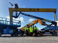 Team of workers in high-visibility jackets stand in front of blue scissor lift and yellow JCB boom lifts at an industrial yard, with a large yellow gantry crane labeled H & W in the background.