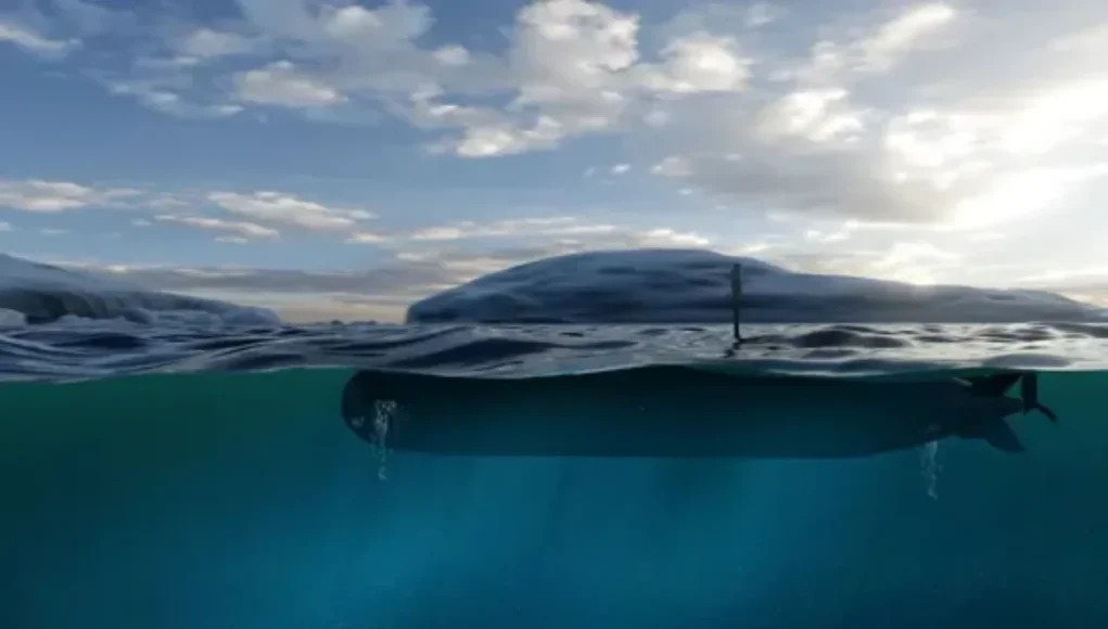 Split-view of a cold ocean: above water, a low iceberg and cloudy sky; below water, a dark, elongated silhouette with a tail fin and bubbles.