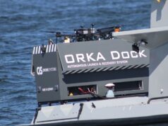 Orka Dock autonomous launch and recovery system on a gray watercraft, with drones on top and the text 'Orka Dock' visible on the side