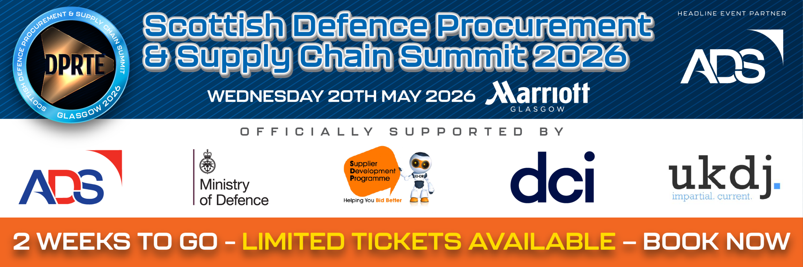 Banner for the Scottish Defence Procurement & Supply Chain Summit 2026 with event title, date, venue, and sponsor logos in a blue header and orange promo strip.